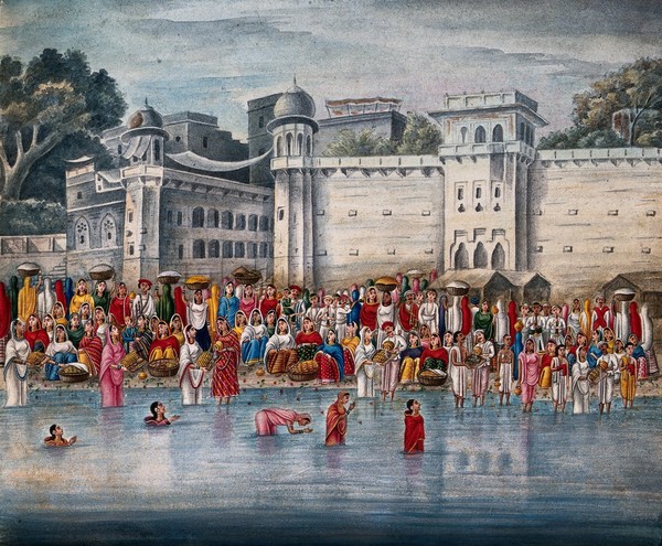 A crowd preparing for a suttee, or widow-burning: beside the Ganges (?) River. Gouache painting by an Indian artist.
