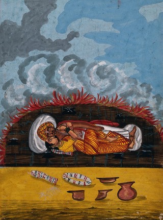 Suttee. Gouache painting by a painter of Thanjavur (Tanjore), ca. 1800.