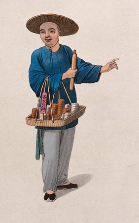 A Chinese apothecary carrying medicines in a basket. Coloured stipple print by J. Dadley after Pu-Quà, 1799.