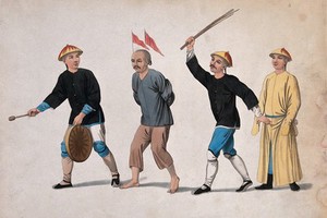 view A Chinese man with his hands bound behind his back and two red flags on his head is being whipped with wooden sticks, as he is led to trial by a man beating a gong. Coloured stipple print by J. Dadley, 1801.