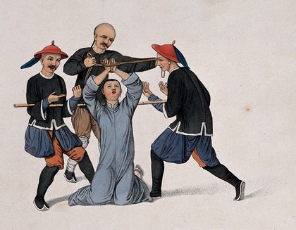 A Chinese man with his hands bound in a wooden grid, kneeling on the ground, is tortured by two men holding a long stick and a man with a rope. Coloured stipple print by J. Dadley, 1801.