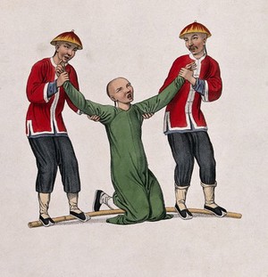 view A Chinese interpreter kneeling with a stick behind his knees is being tortured by two men standing on the stick. Coloured stipple print by J. Dadley, 1801.