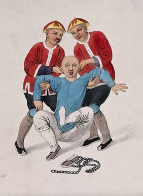 Two Chinese men wearing red jackets are holding a Chinese prisoner by the ears and under the arms. Coloured stipple print by J. Dadley, 1801.