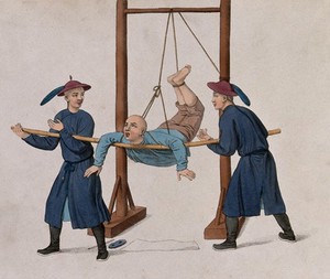 view A Chinese man is hanging up from a rope attached to a wooden structure and resting on a bamboo stick held by two Chinese men. Coloured stipple print by J. Dadley, 1801.