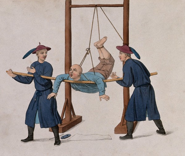 A Chinese man is hanging up from a rope attached to a wooden structure and resting on a bamboo stick held by two Chinese men. Coloured stipple print by J. Dadley, 1801.