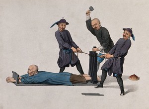 view A Chinese man is lying on an horizontal pillory while two Chinese men are tying a rope around the wooden structure at its base and a third man is hammering on a pole in order to crush the victim's ankles. Coloured stipple print by J. Dadley, 1801.