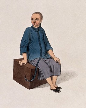 A Chinese man seated on a square block of wood is tied to it with a chain round his neck. Coloured stipple print by J. Dadley, 1801.