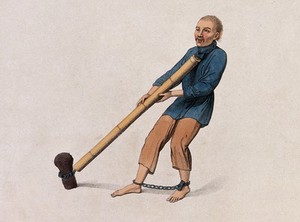 view A Chinese man with bound feet is tied to a stump by the neck with a chain and a tube of bamboo. Coloured stipple print by J. Dadley, 1801.