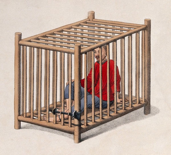 A Chinese man is seated in a wooden cage. Coloured stipple print by J. Dadley, 1801.