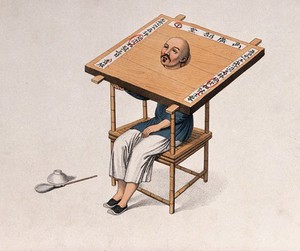 view A Chinese man seated in a pillory (cangue). Coloured stipple print by J. Dadley, 1801.