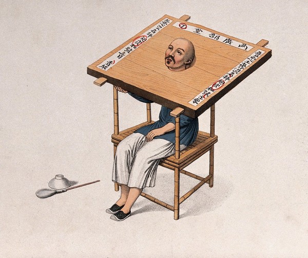 A Chinese man seated in a pillory (cangue). Coloured stipple print by J. Dadley, 1801.