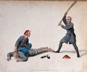 view A Chinese man is held on the ground by a man while another is hitting him with a wooden stick. Coloured stipple print by J. Dadley, 1801.