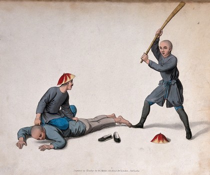 A Chinese man is held on the ground by a man while another is hitting him with a wooden stick. Coloured stipple print by J. Dadley, 1801.