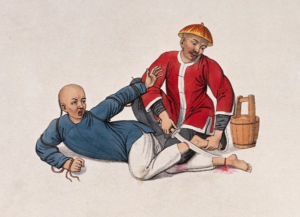 A Chinese prisoner who has tried to escape is lying on the ground while a man wearing a red jacket is cutting his ankles with a sword. Coloured stipple print by J. Dadley, 1801.