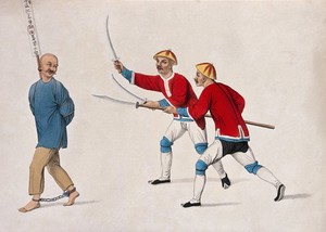 view A Chinese man with bound feet being led to execution by two Chinese men holding swords. Coloured stipple print by J. Dadley, 1801.