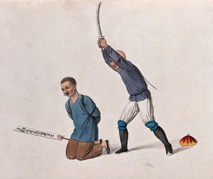 view A Chinese man kneeling on the ground is about to be beheaded with a sword. Coloured stipple print by J. Dadley, 1801.