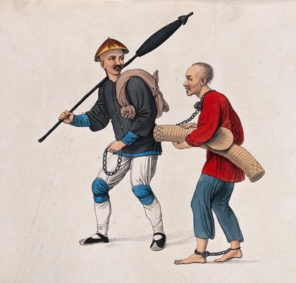 A Chinese officer is holding a prisoner by his chain and leading him away into exile. Coloured stipple print by J. Dadley, 1801.