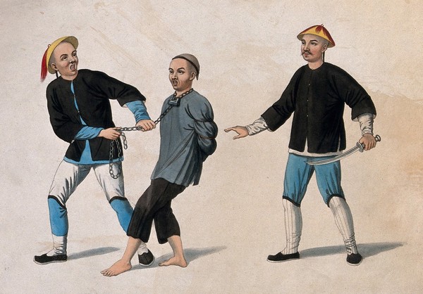 A Chinese officer is leading a prisoner away while a second officer holding a sword is standing behind him. Coloured stipple print by J. Dadley, 1801.