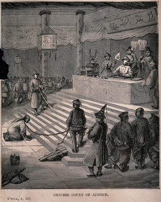 A man kneeling in front of a judge at a Chinese court of justice. Wood engraving after E. Vaumort.