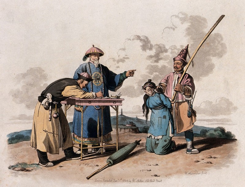 A Chinese woman about to be beaten with a wooden rod as a judicial punishment. Coloured aquatint by W. Alexander, 1804., 1st Jany. 1804, by William Alexander
