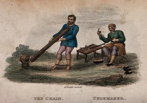 view A man tied to a stump by a chain around his neck; a Chinese shoemaker at work. Coloured stipple by A. Freschi, ca. 1812.