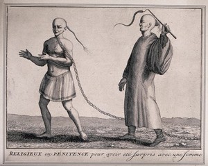 view A Chinese monk having been found with a woman has his neck pierced with a chain and is whipped by another monk when he touches his neck. Engraving attributed to B. Picart.