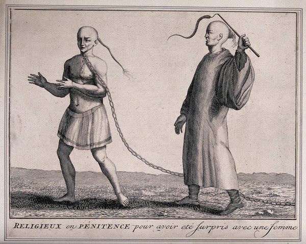 A Chinese monk having been found with a woman has his neck pierced with a chain and is whipped by another monk when he touches his neck. Engraving attributed to B. Picart.