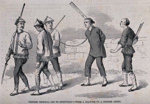 view A Chinese man is being led to execution by four men. Wood engraving, 1857.