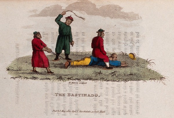 A Chinese man lying on the ground, with a man seated on his back and another holding the rope that binds his feet, is being whipped. Coloured etching by W. Milton, 1813.