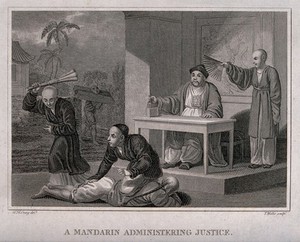 view A Chinese man lying on the ground is being scourged by order of a magistrate and his clerk; a man carrying the cangue around his neck as a punishment walks past. Engraving by T. Wallis after W.M. Craig, May 1805.