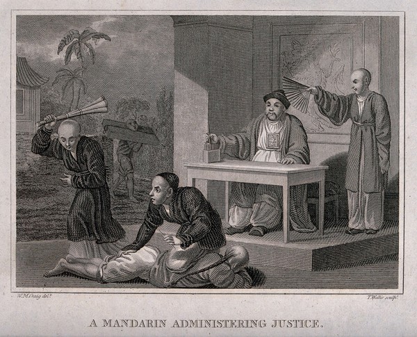 A Chinese man lying on the ground is being scourged by order of a magistrate and his clerk; a man carrying the cangue around his neck as a punishment walks past. Engraving by T. Wallis after W.M. Craig, May 1805.