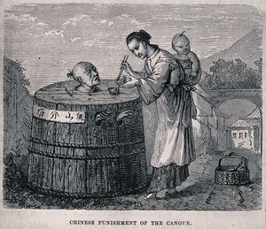 view A Chinese woman carrying a baby on her back is feeding her husband who is imprisoned in a circular pillory. Wood engraving, ca. 1850.