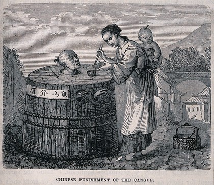 A Chinese woman carrying a baby on her back is feeding her husband who is imprisoned in a circular pillory. Wood engraving, ca. 1850.