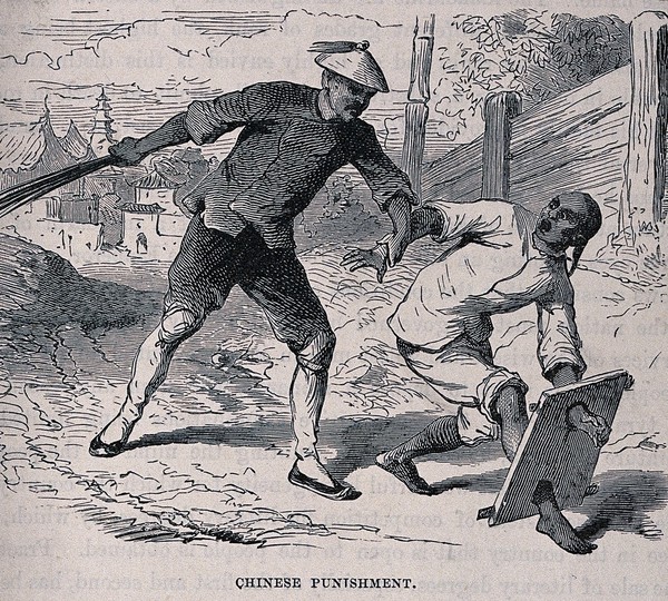 A Chinese man with a cangue around his left arm and right leg is about to be whipped. Wood engraving, ca. 1850.