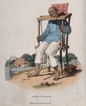 A Chinese man seated with his neck fastened in a cangue or pillory; a whip at his feet and houses in the background. Aquatint by W. Alexander, 1814.