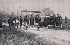 view Vietnam: a man in a pillory, who is being led to his execution, accompanied by his family members, his executioner (holding sword) and officials. Wood engraving by H. Thiriat, 1889, after C.-E. Hocquard.