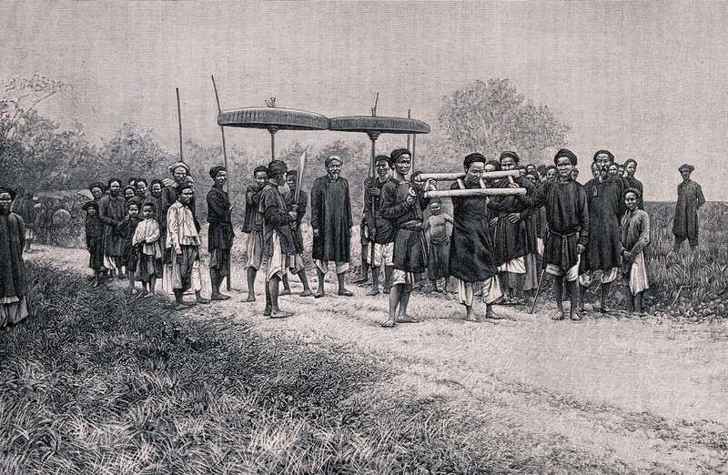 Vietnam: a man in a pillory, who is being led to his execution, accompanied by his family members, his executioner (holding sword) and officials. Wood engraving by H. Thiriat, 1889, after C.-E. Hocquard., 1890, by Charles-Édouard Hocquard