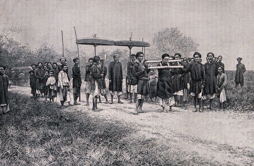 Vietnam: a man in a pillory, who is being led to his execution, accompanied by his family members, his executioner (holding sword) and officials. Wood engraving by H. Thiriat, 1889, after C.-E. Hocquard.