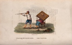 view Left, a Tartar musketeer holding a gun; right, Chinese man carrying the cangue around his neck as a punishment. Coloured engraving by A. Freschi, 1812.