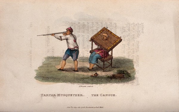 Left, a Tartar musketeer holding a gun; right, Chinese man carrying the cangue around his neck as a punishment. Coloured engraving by A. Freschi, 1812.