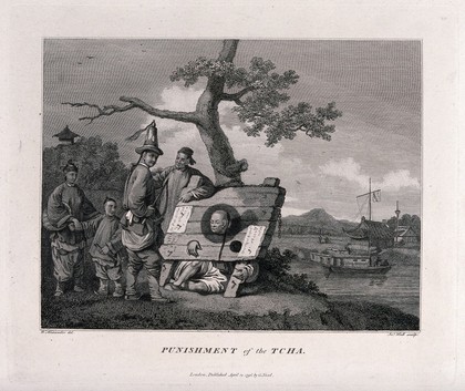 Two men and two children standing next to a Chinese man carrying the cangue around his neck as a punishment; a river and a boat in the background. Engraving by J. Hall after W. Alexander, 1796.