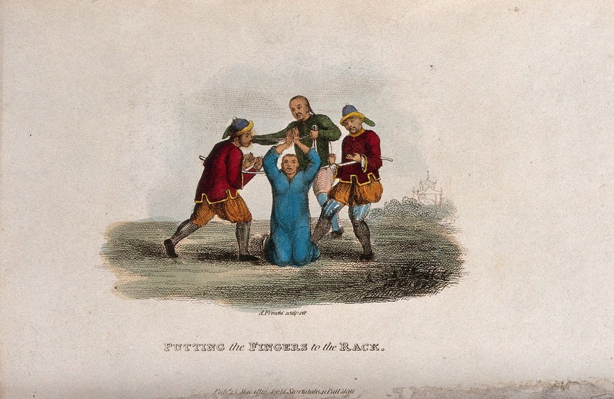 A Chinese prisoner kneeling on the ground is having his fingers tortured by three men. Coloured engraving by A. Freschi, 1812.
