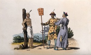 view A Chinese man is bound to a pole, has had an arrow shot through his ear as a punishment for insolence to a superior; a Chinese man holding a sign describing the crime; and a mandarin reproving the culprit. Coloured aquatint by W. Alexander, 1814.