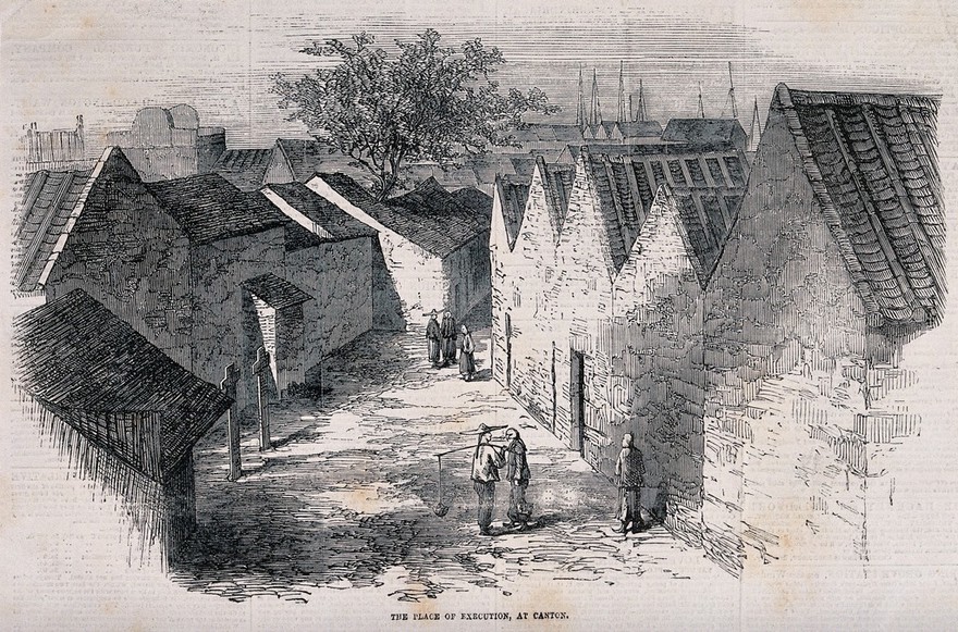 Taiping Rebellion, China: the place in Guangzhou where people were executed. Wood engraving after W.G. Dickson, 1855.
