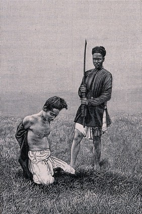 Vietnam: a man kneeling on the ground, about to be executed; man holding a sword standing next to him. Wood engraving by H. Thiriat, 1889, after C.E. Hocquard, ca. 1885.