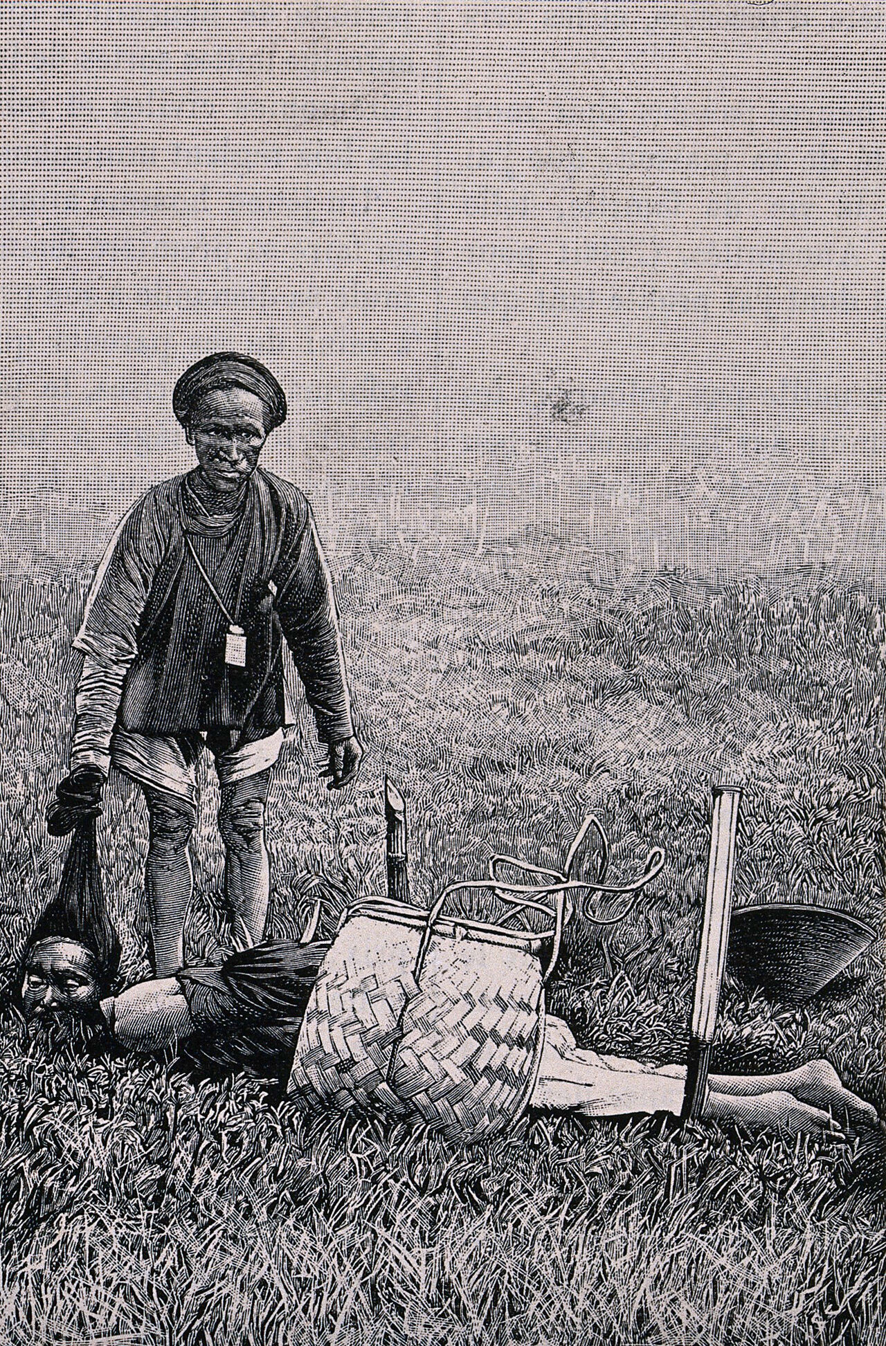 Vietnam: the headless body of an executed man lying on the ground; an official is holding the man's head. Wood engraving by H. Thiriat, 1889, after C.E. Hocquard., 1890, by Charles-Édouard Hocquard