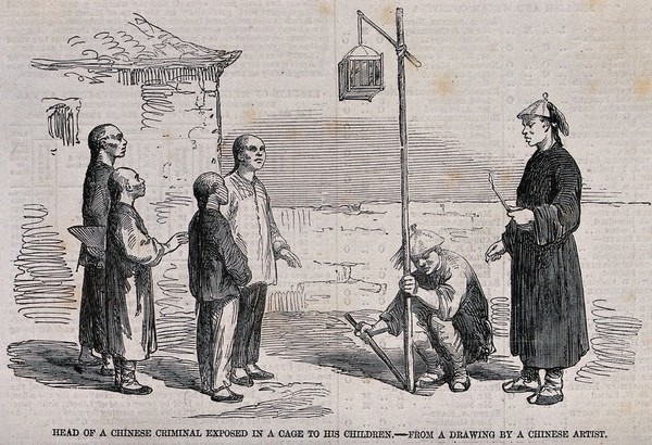 A Chinese man's head after garrotting exposed in a wooden cage hanging from a pole; his four children standing in front of it. Wood engraving, 1857.