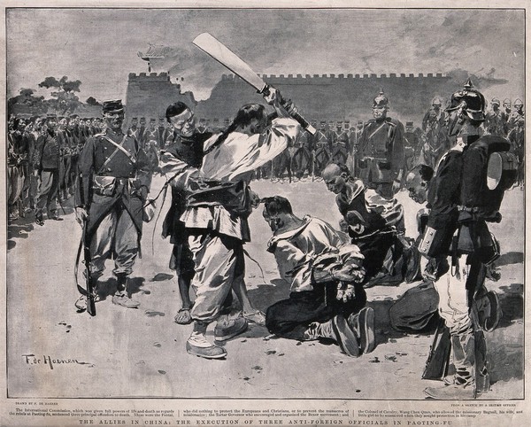 Three supporters of the Boxer Rebellion about to be executed at the command of the foreign alliance. Process print after F. de Haenen, 1900.
