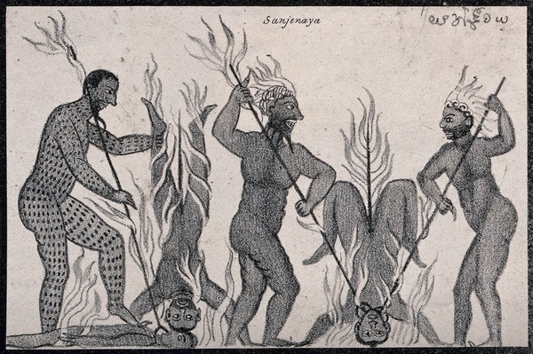 Three demons (?) torturing three men with spikes and burning them alive. Lithograph, ca. 1920.