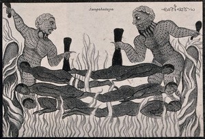 view The torments of hell in Buddhism: two bearded demons burning six men alive. Lithograph.